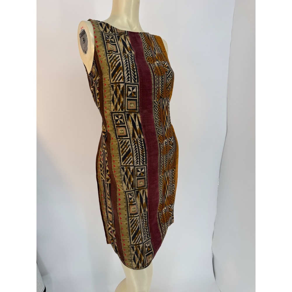 Y2K Abstract Tribal Print Rayon‎ Sheath Mini Dress Tie Back Sleeveless Small
